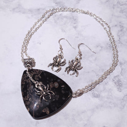 Silver Spider Goddess Black Agate Gemstone Necklace Set
