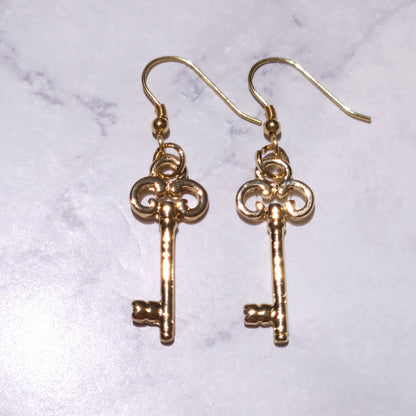 Gold Key Charm Earrings | Witchy Hecate Pagan Occult Jewelry | Rose and Shadow