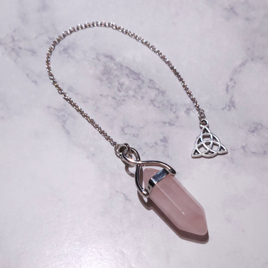 Rose Quartz Crystal Pendulum | Silver Triquetra Witchy Divination Tool
