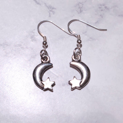Silver Moon & Stars Charm Earrings | Witchy Occult Jewelry | Rose and Shadow