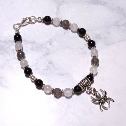 Labradorite, Moonstone & Onyx Spider Bracelet | Witchy Occult Jewelry |Rose and Shadow
