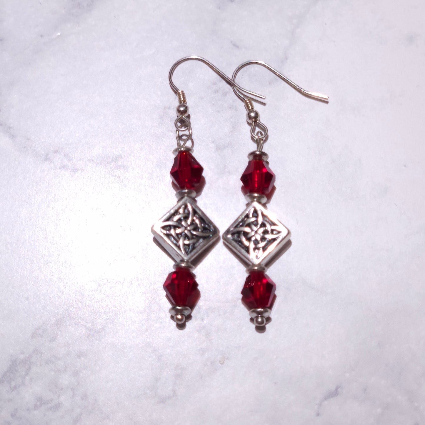 Silver Witch’s Knot Earrings | Red Swarovski Crystal Pagan Jewelry