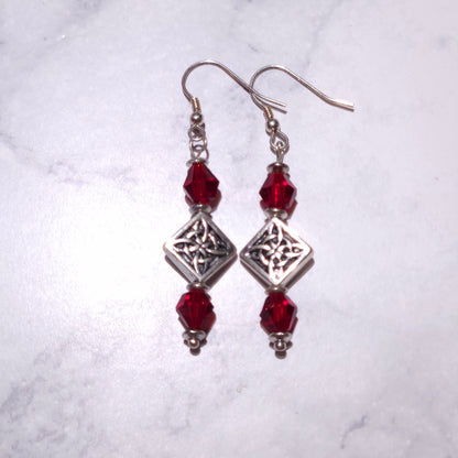 Silver Witch’s Knot Earrings | Red Swarovski Crystal Pagan Jewelry