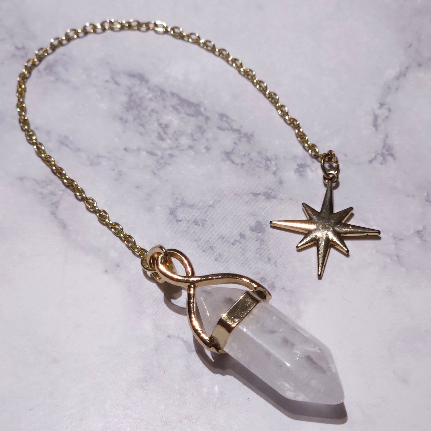 White Quartz Crystal Pendulum | Gold 8-Pointed Star Divination Tool